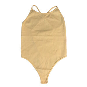 NWOT Mono B Halter Body Suit Womens Large Pale Yellow Ribbed Summer Base Layer